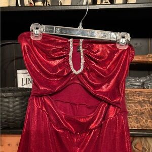 Elegant Red Strapless jumpsuit with Rhinestone Detail